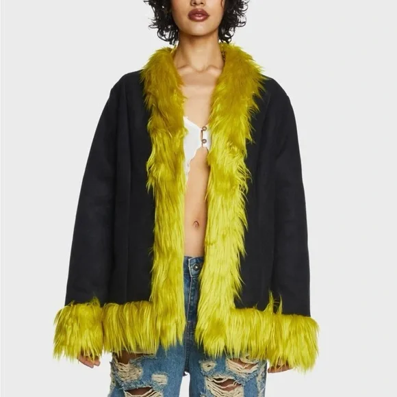 The Ragged Priest Warhol Faux Fur Coat Womens 6 Black Green Dolls Kill Jacket - Picture 12 of 12
